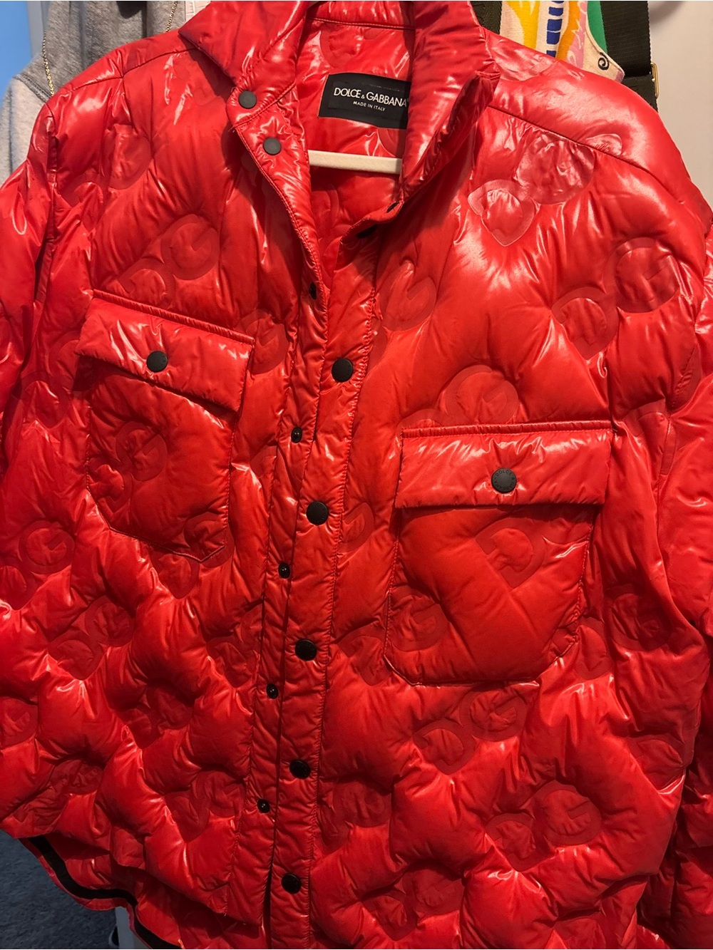 Dolce & Gabbana Red Quilted DG Pattern Puffer Jacket UNISEX